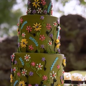 Custom tall layered cake by Seattle Bakeshop, serves 12-15 people.